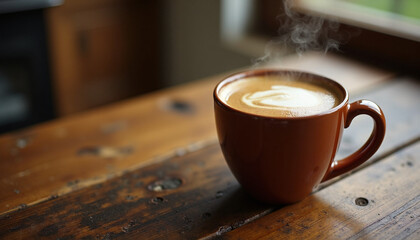 Cozy Hot Coffee in Ceramic Mug on Rustic Wooden Table