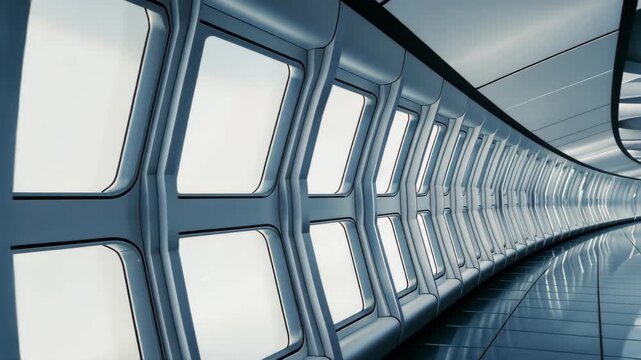 Futuristic Corridor: A sleek, modern corridor, characterized by its minimalist aesthetic, features an array of geometric windows lining its curved walls.