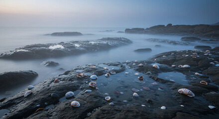 Fototapeta premium Rocky shoreline with tide pools and shells