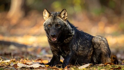 A black and brown canid sits in autumn leaves