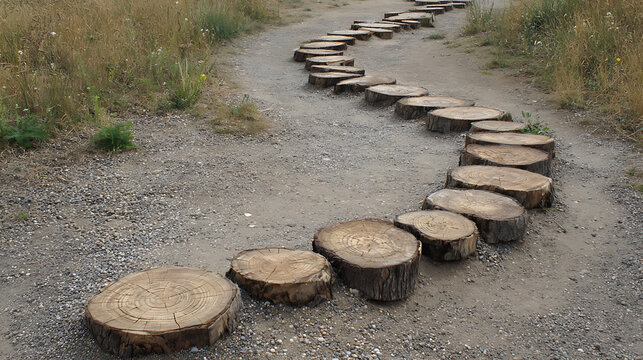 Outdoor shot of a winding path made of rough, circular wooden log stepping stones embedded in dirt and dry grass, creating a natural, rustic walkway.
