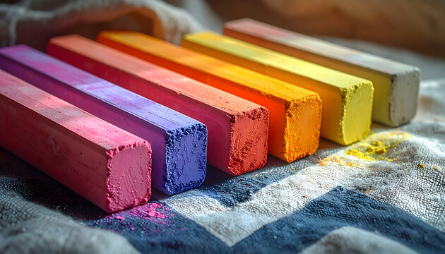 Vibrant Colorful Chalk Sticks Lying on Fabric Background - Powered by Adobe