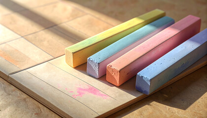 Colorful Chalk Sticks on Wood Surface with Artistic Background Light