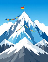 Mountain peak with flags and snow. Colorful flags adorn a majestic snowy mountain peak against a clear blue sky