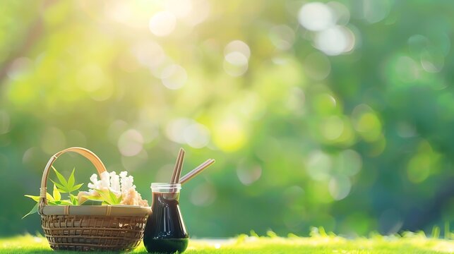 Aromatherapy diffuser and basket of herbs in a sunlit garden setting