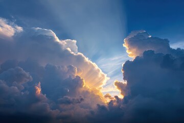 Golden Sun Rays Bursting Through Dramatic Cumulus Clouds, Creating a Heavenly Light Show.
