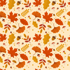 Obraz premium A charming, repeating surface pattern design featuring stylized flat illustrations of maple, oak, and ginkgo leaves, scattered with acorns and small mushrooms on a light, warm beige background.