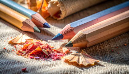 Colorful Pencils and Shavings on Rustic Background in Natural Light
