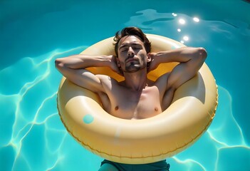 Relaxed man with eyes closed floating on inflatable ring in clear blue pool water, enjoying summer leisure and tranquility