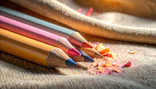 Colorful pencils on fabric with shavings creating artistic ambiance - Powered by Adobe