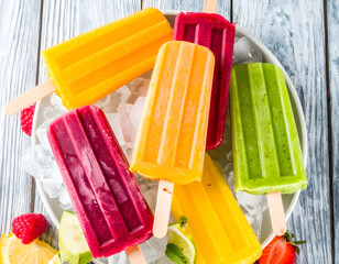 Colorful Assortment of Fresh Fruit Popsicles on Ice Platter