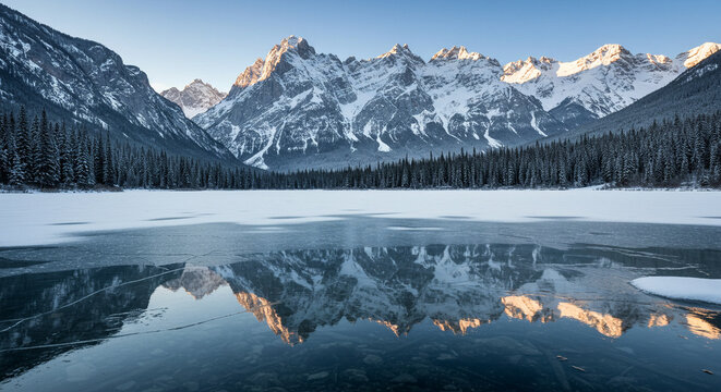 Frozen lake reflecting snow-covered mountains