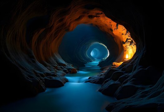 Mysterious underground river flows through dramatic cave tunnels illuminated by a single glowing torch, beckoning adventure and discovery