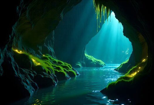 Enchanting mystical cave with glowing moss and shimmering water, bathed in ethereal blue light and magical fairy lights, creating a serene and wondrous natural landscape. - Powered by Adobe