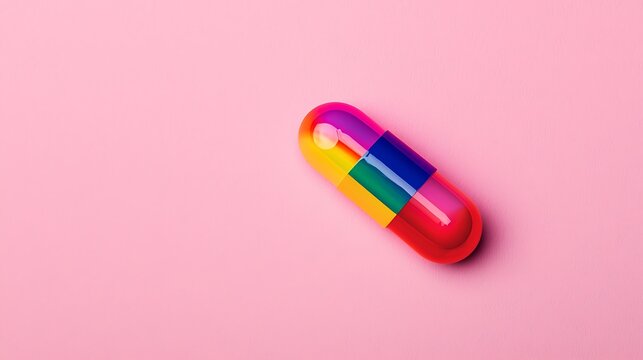 A single rainbowcolored capsule rests on a soft pink background