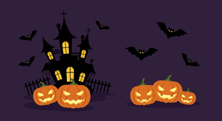 Happy Halloween vector art with spooky haunted house, glowing jack-o'-lanterns, and flying bats on a purple background