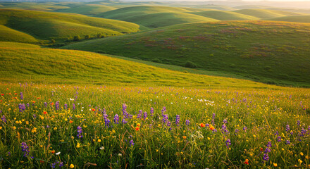 Fototapeta premium Rolling green hills dotted with colorful wildflowers