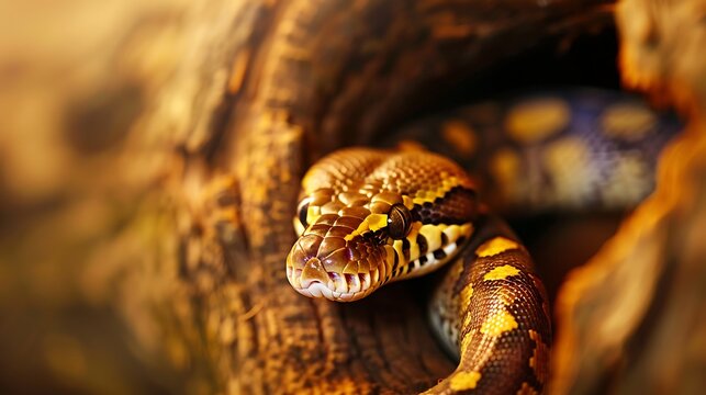 A closeup of a pythons head emerging from a hollow tree trunk