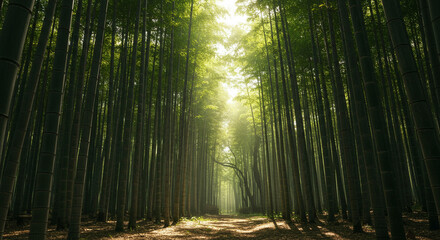 Dense bamboo forest with sunlight breaking through stalks