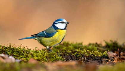 Fototapeta premium A blue tit perched on moss-covered ground