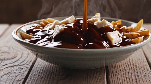 Enjoying poutine with melted cheese and gravy at a cozy restaurant in Canada during the evening