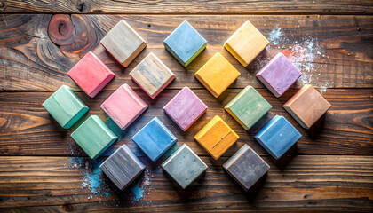 Colorful Chalk Squares Arranged on Rustic Wooden Surface