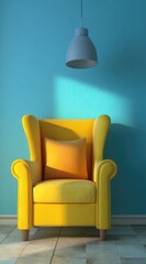 A vibrant yellow wingback armchair sits in a sunlit room with a light gray pendant lamp, highlighting the cheerful atmosphere.