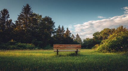 Fototapeta premium Peaceful Solitude - An Empty Park Bench Awaits in Golden Afternoon Light.