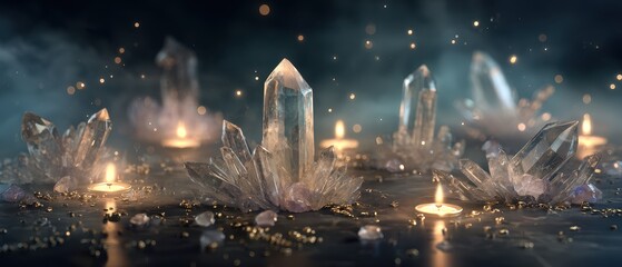 Obraz premium Mystical Crystal Altar - Candles, Quartz, and Celestial Dust in Ethereal Light.