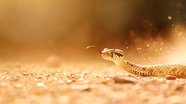 A desert viper snake slithers across the sandy ground with its tongue flicking