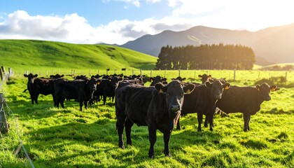 Black cattle grazing in a lush green field