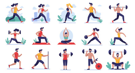 Set of diverse people engaged in various fitness and exercise activities, represented as vector illustrations