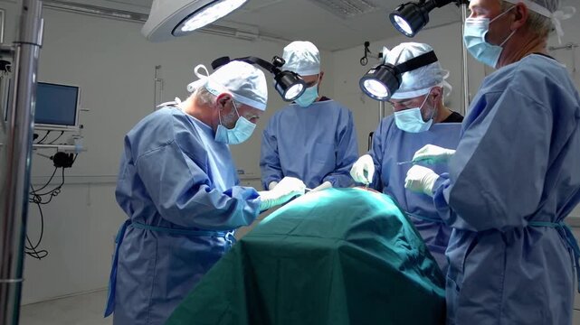 Surgical team performs complex procedure in hospital operating room
