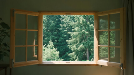 Fototapeta premium View of a Forest with Green Trees and Sunshine from a Window, Fresh and Natural Home Lifestyle Background