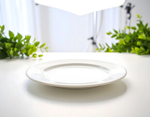 Elegant White Plate on a Minimalist Table with Green Foliage