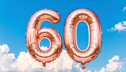 Rose gold balloons sixty against a blue sky