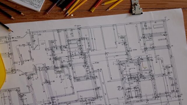 Construction plans on a drafting table with tools and a hard hat in a design studio