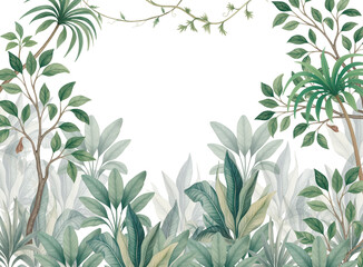 Watercolor tropical jungle leaves background, botanical frame, greenery border, natural foliage illustration