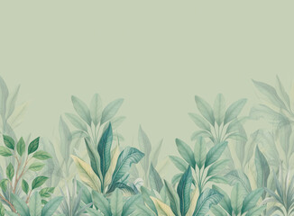 Watercolor tropical jungle leaves background, botanical frame, greenery border, natural foliage illustration