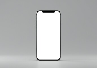 A smartphone with a blank white screen, thin black bezels, rounded edges, and a minimalist design. The background is a smooth, light gray surface. The lighting is soft and diffused