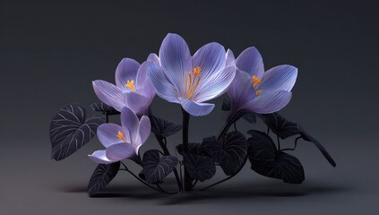 A cluster of delicate, lavender crocus blossoms with dark leaves against a neutral backdrop.