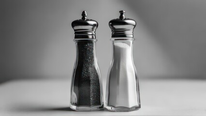 Black and white pepper and salt shakers on a table.