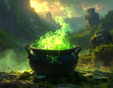 Enchanted Cauldron Steaming with Mystical Brew in a Lush Landscape - Powered by Adobe