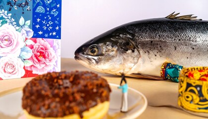 Close-up of a fish, donut, and gift card