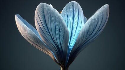 A close-up, detailed view of a luminous, light-blue flower, highlighting the intricate, textured petals and delicate lines.