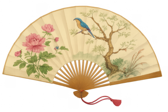Asian hand folding fan with bird and peony painting