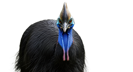 Cassowary bird with black feathers and blue neck isolated on white background.
