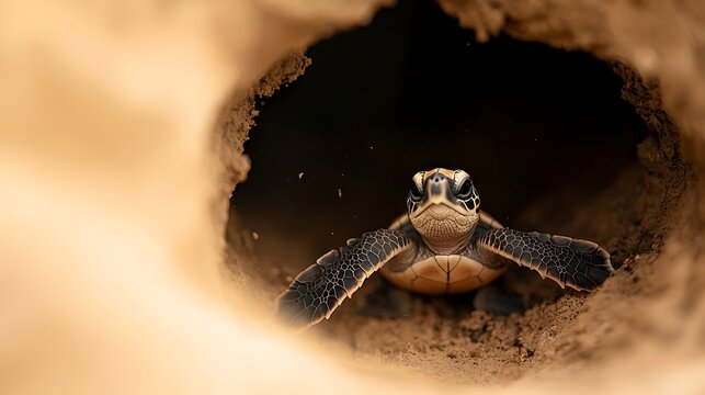 A tiny sea turtle hatchling emerges from its sandy nest on the beach