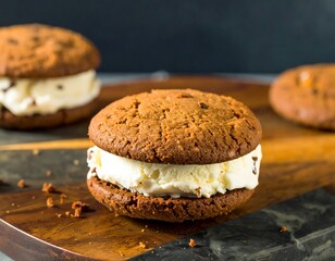 Close-up of chocolate chip cookies with ice cream filling