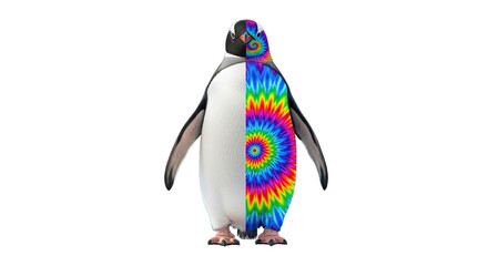Fototapeta premium Penguin stands on ice half normal half colorful psychedelic with mountains background.